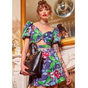 Autumn Adeigbo Alyssa Mini Dress Blue Floral Cutout Puff Sleeve NWT Size 8